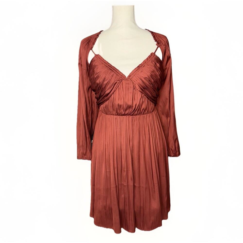 Anthropologie Small Copper Brown Babydoll Mini Dress Silky Goddess Puff Sleeve